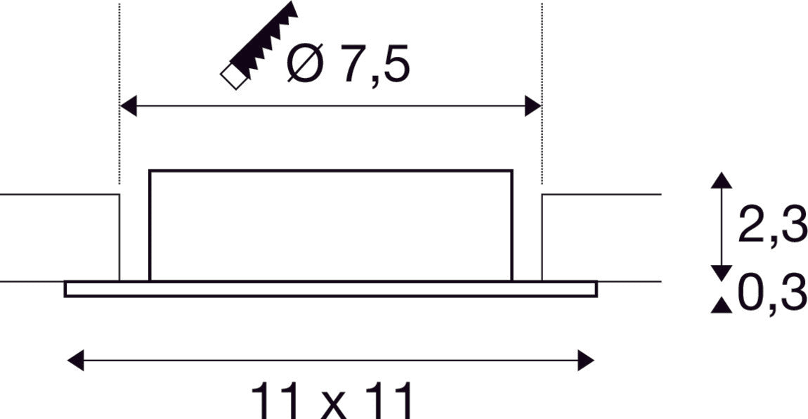 Dimensioned drawing of SLV NEW TRIA® 75 XL, ceiling installation ring, L: 11 W: 11 H: 2.6 cm, aluminium