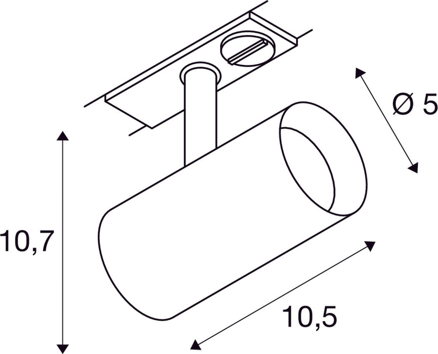 Dimensioned drawing of SLV Aluminium NOBLO® SPOT, 1~ spot, round, 2700K, 6W, trailing-edge phase, 32°, black