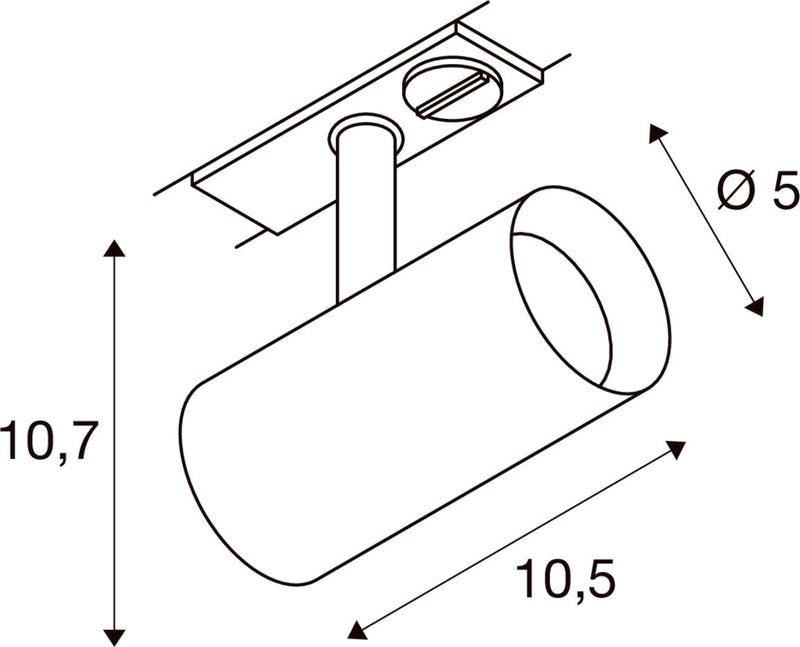 Dimensioned drawing of SLV Aluminium NOBLO® SPOT, 1~ spot, round, 2700K, 6W, trailing-edge phase, 32°, grey
