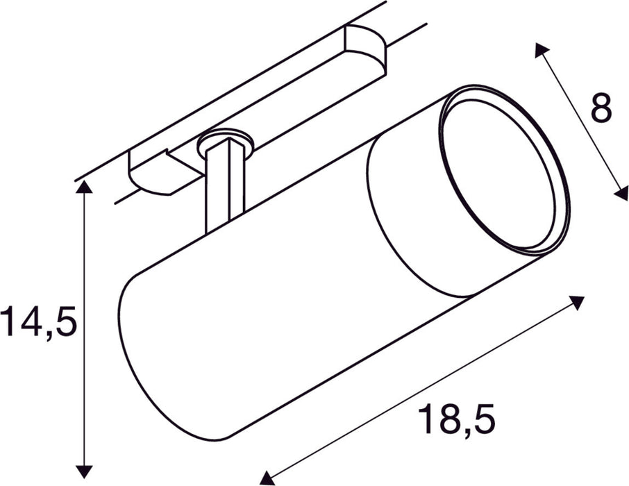 Dimensioned drawing of SLV Aluminium Trackspot V 3Ph., 25/30/35W 927/930/940 24°-60° black