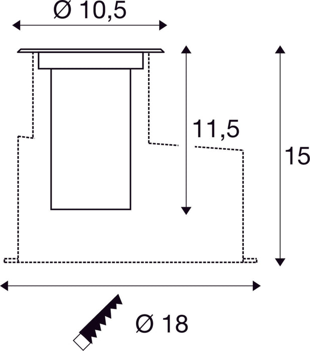 Dimensioned drawing of SLV DASAR® S, recessed floor light, round, 4W, 3000K, 24°, IP67, cylindrical, anthracite