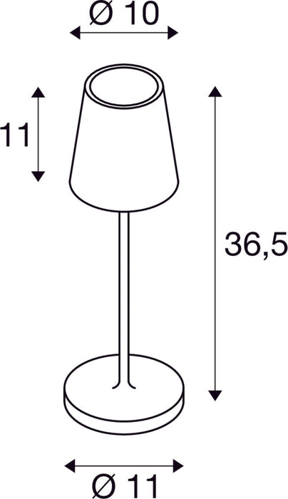Dimensioned drawing of SLV VINOLINA TWO, table lamp, battery-powered, IP65, 2200/2700/3000K, TOUCH, rust
