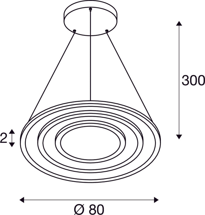 Dimensioned drawing of SLV ONE FLAT, pendant light, triple, 300cm, 2700/3000K, DALI 2, Touch, white