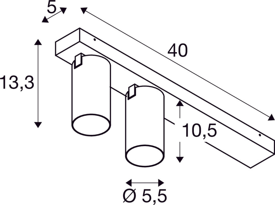 Dimensioned drawing of SLV KAMI, ceiling-mounted light, double, long, 2x max. 10W, GU10, white/gold