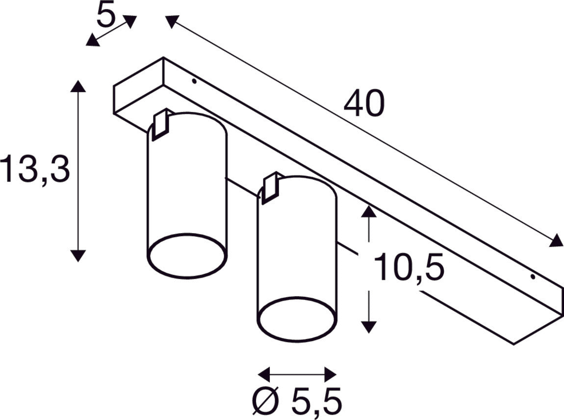 Dimensioned drawing of SLV KAMI, ceiling-mounted light, double, long, 2x max. 10W, GU10, white