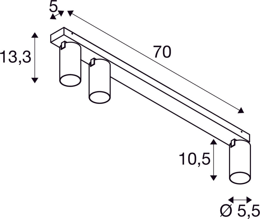 Dimensioned drawing of SLV KAMI, ceiling-mounted light, 3x max. 10W, GU10, white