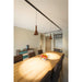 Copper pendant lights on black track lighting system, ceiling mounted.