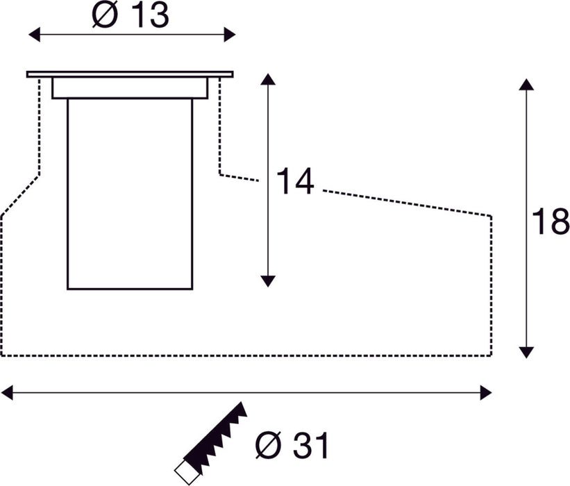 Dimensioned drawing of SLV DASAR® M, recessed floor light, round cover, 24°, 3000K, incl. DALI driver, stainless steel
