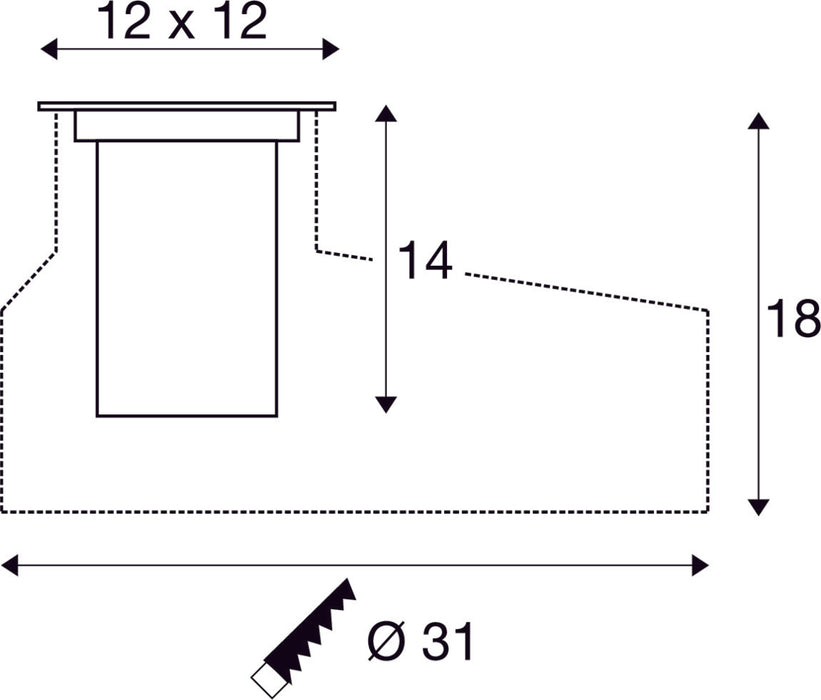 Dimensioned drawing of SLV DASAR® M, recessed floor light, square cover, 24°, 3000K, incl. DALI driver, stainless steel
