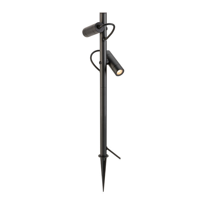 Black metal outdoor spotlight with stake mount.