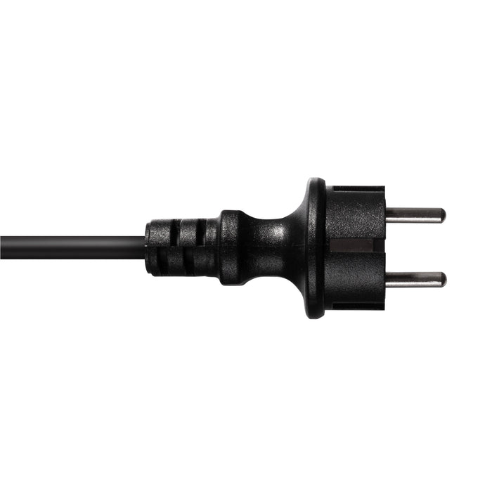 Black plastic European plug with metal pins.
