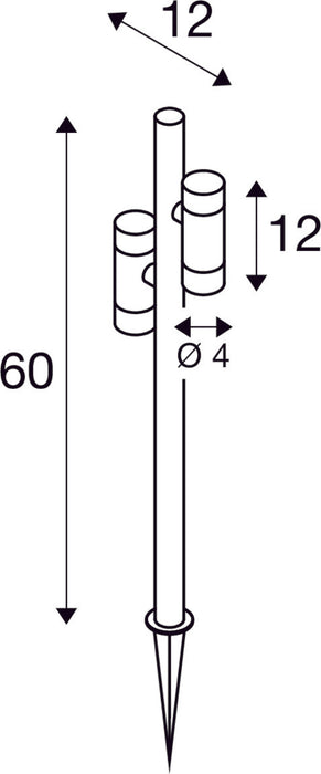 Dimensioned drawing of SLV HELIA SLIM Pole, double, LED outdoor free-standing light, black IP65 3000K
