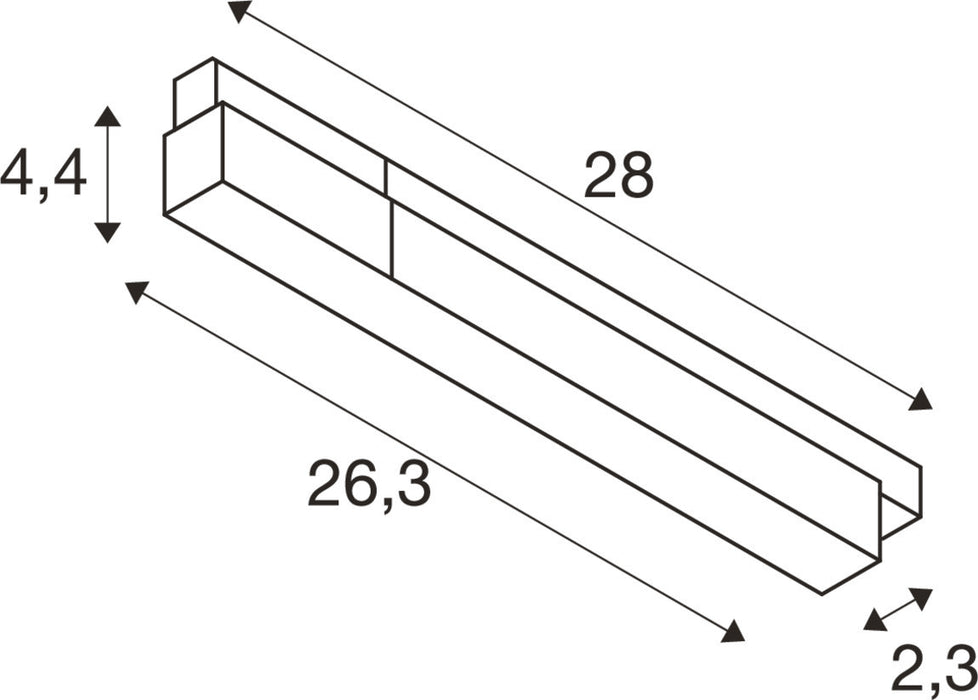 Technical drawing of a white channel with dimensions 28, 26.3, 4.4, and 2.3.