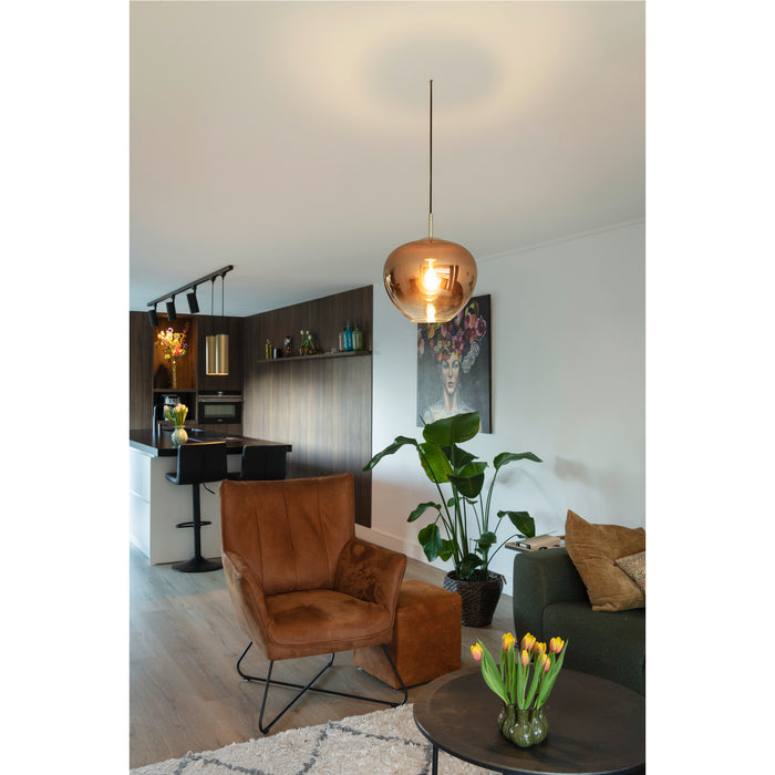Amber glass pendant light fixture, ceiling mounted.