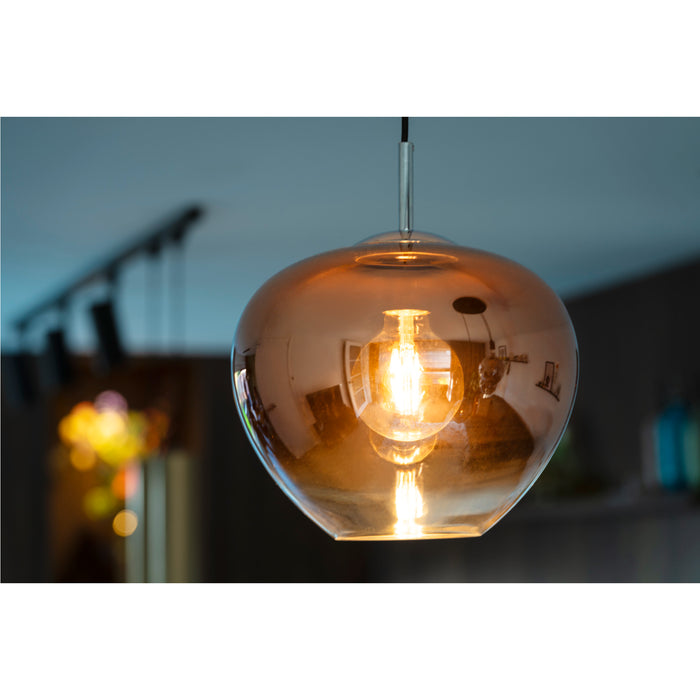Glass pendant light fixture, copper finish, hanging mount.
