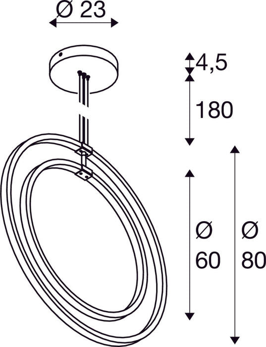 Dimensioned drawing of SLV ONE VERTICAL PD, pendant light, 180cm, 2700/3000K, PHASE, black