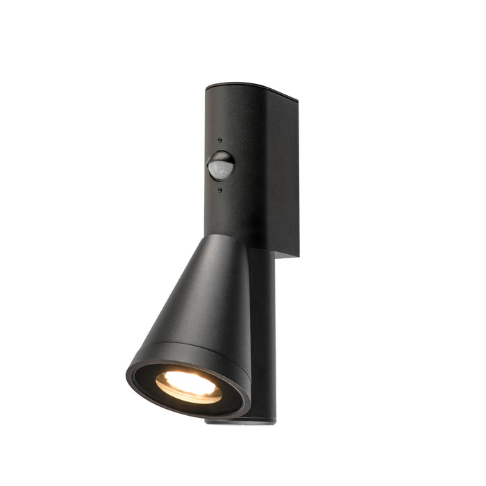 Black aluminum wall-mounted spotlight with motion sensor and textured finish.