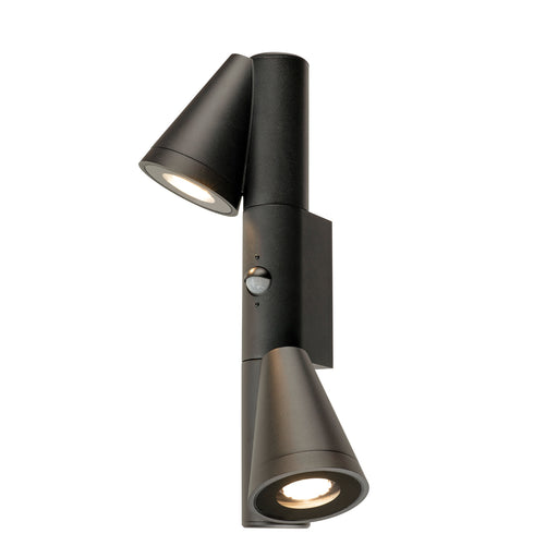 Black metal wall-mounted spotlight with two adjustable cone-shaped heads and a motion sensor.