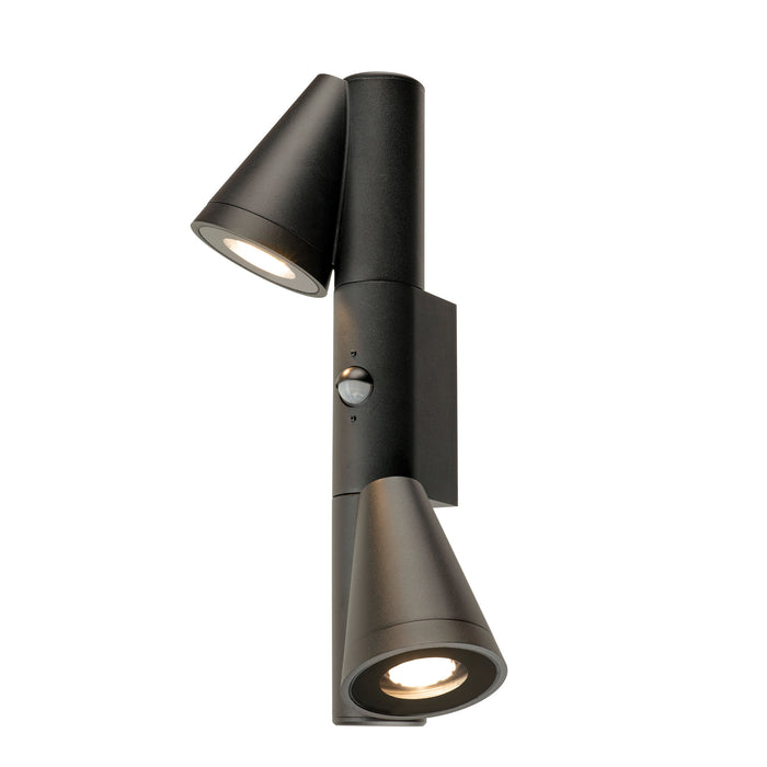 Black metal wall-mounted spotlight with two adjustable cone-shaped heads and a motion sensor.