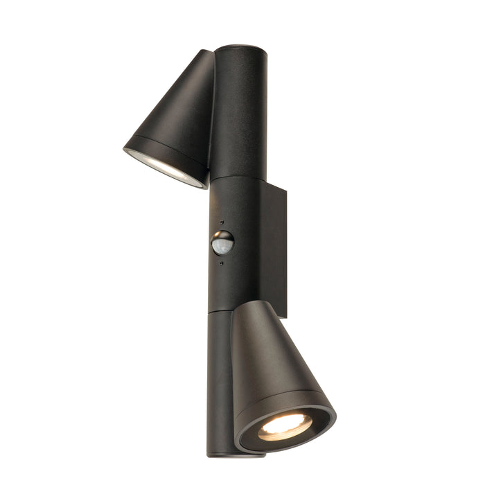 Black metal wall-mounted spotlight with two adjustable cone-shaped heads and a motion sensor.