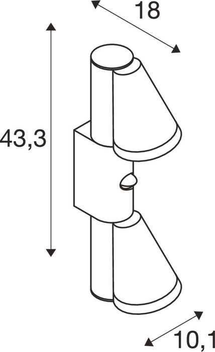 Technical drawing of a wall-mounted light fixture with dimensions.