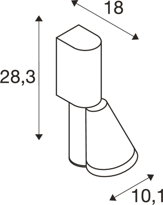 Technical drawing with dimensions of a white metal furniture hinge.