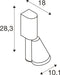 Technical drawing with dimensions of a white metal furniture hinge.