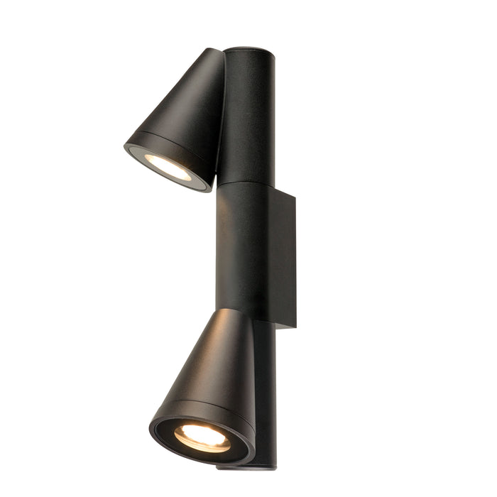 Black aluminum wall-mounted spotlight with two adjustable cone-shaped heads.