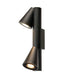 Black aluminum wall-mounted spotlight with two adjustable cone-shaped heads.