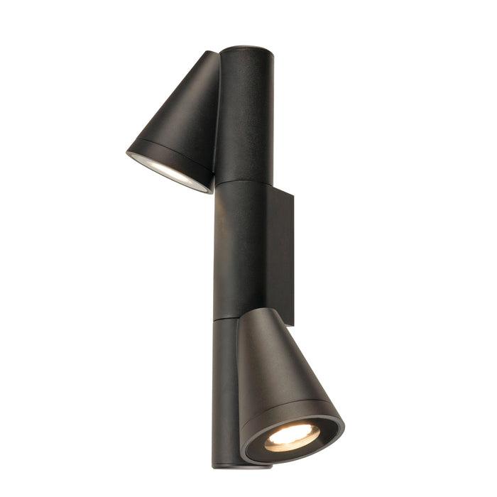 Black metal wall-mounted spotlight fixture with two adjustable cone-shaped heads.