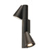 Black metal wall-mounted spotlight fixture with two adjustable cone-shaped heads.