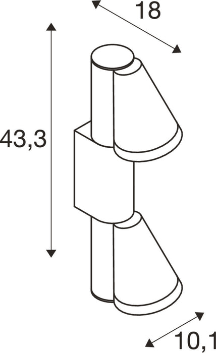 Technical drawing of a white wall-mounted light fixture with dimensions.