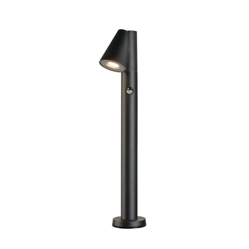 Black metal path light with a textured finish and surface mounting.