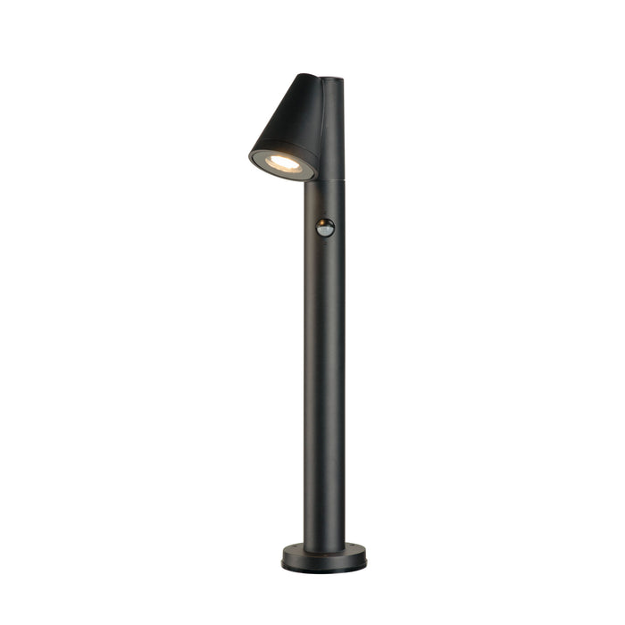 Black metal path light with a textured finish and surface mounting.