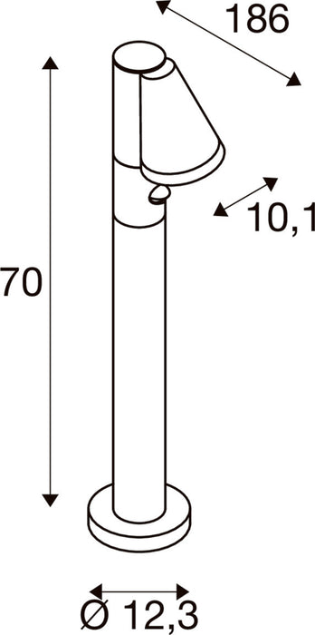 Technical drawing of a bollard light fixture with dimensions.