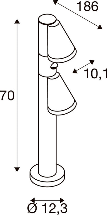 Technical drawing of a bollard light fixture with dimensions.