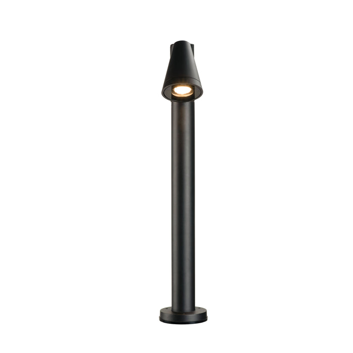 Black metal bollard light fixture with a matte finish and surface mounting.
