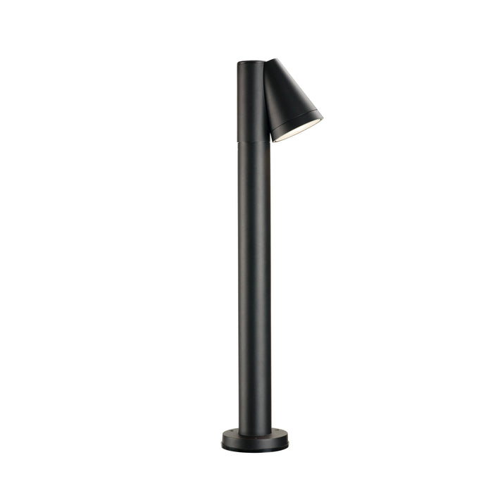 Black metal bollard light with a matte finish and surface mounting.