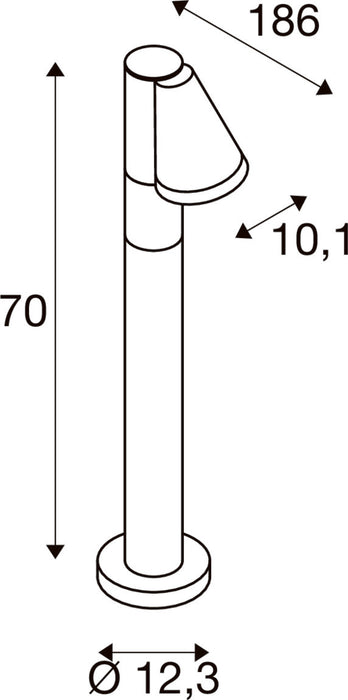 Technical drawing of a bollard light fixture with dimensions.