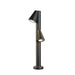 Black metal bollard light fixture with two adjustable spotlights.