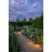 Black metal path lights illuminating a garden path with flowers and a bench.