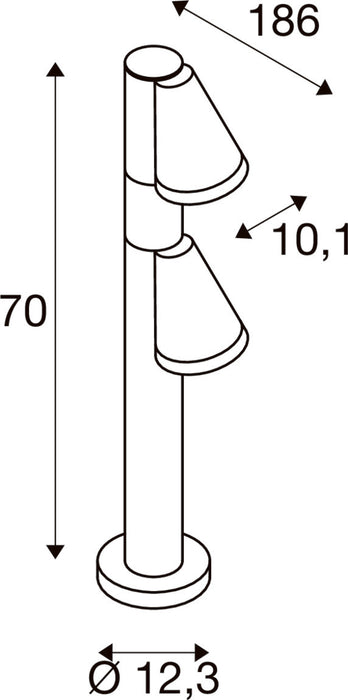 Technical drawing of a bollard light fixture with dimensions.