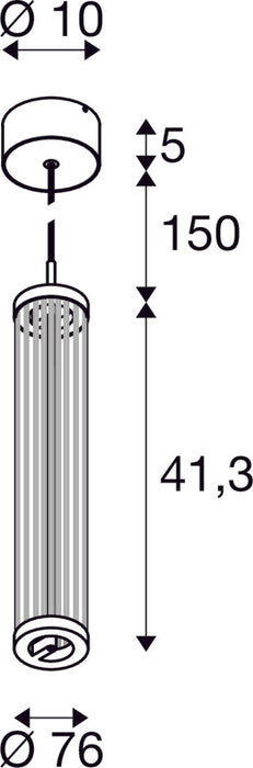 Dimensioned drawing of SLV QUIMERA, pendant light, pendant length 150cm, 2700/3000K, PHASE, dark copper