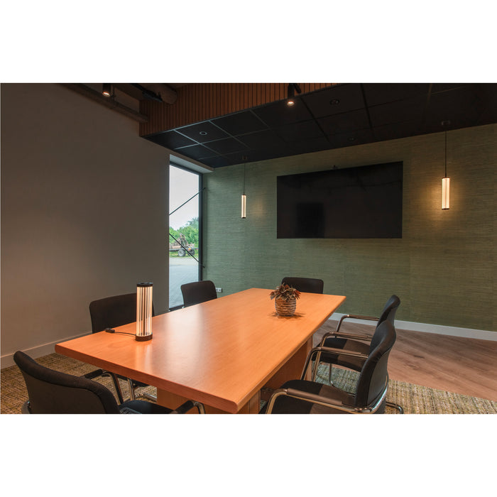 Conference room with wood table, black chairs, pendant lights, and a table lamp.