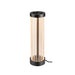Black metal table lamp with cylindrical glass shade and vertical stripes.