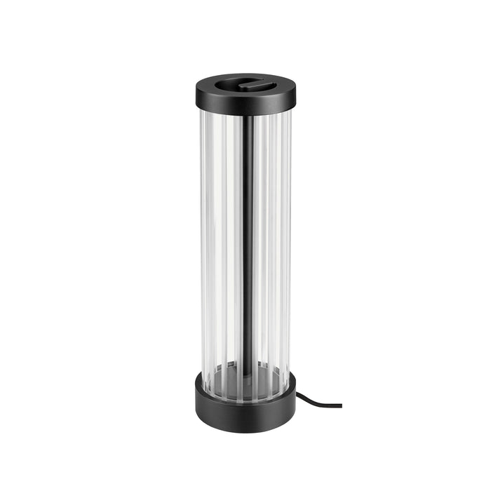 Black metal and clear acrylic table lamp with a matte finish.