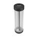 Clear acrylic tube table lamp with black metal base and top.