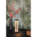 Modern black metal table lamp with vertical acrylic light bars.