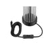 Black table lamp with clear acrylic shade and black fabric-covered cord.