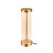 Gold finish table lamp with cylindrical ribbed glass shade and metal base.